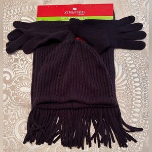 St. John’s Bay: 3 pc black soft knit scarf, hat, and gloves. One size fits most